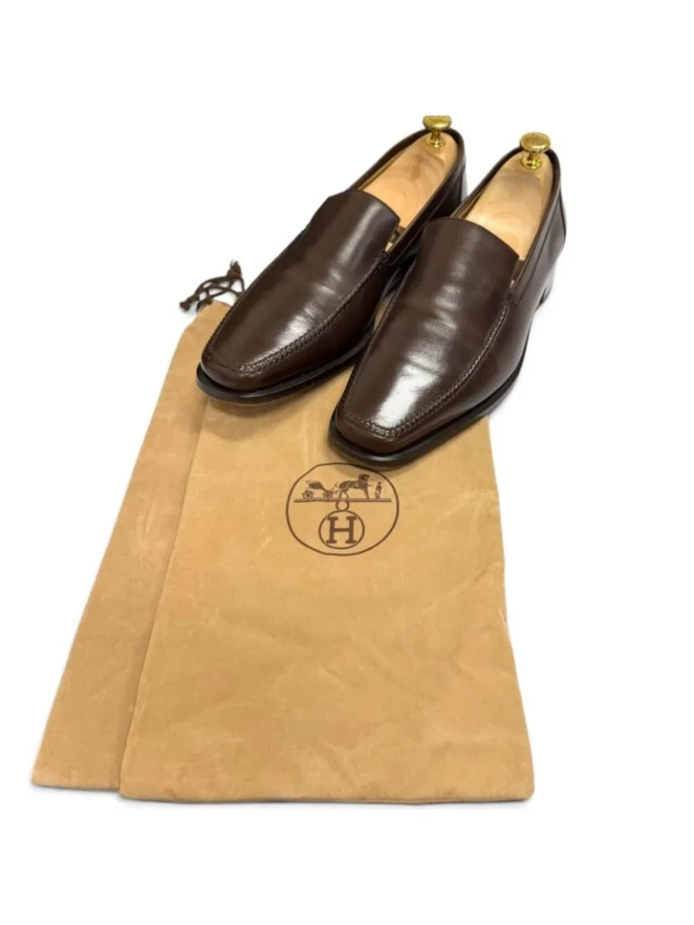 Hermes Leather Knob Mocha Stitch Flat Shoes Moccasin Loafers Brown